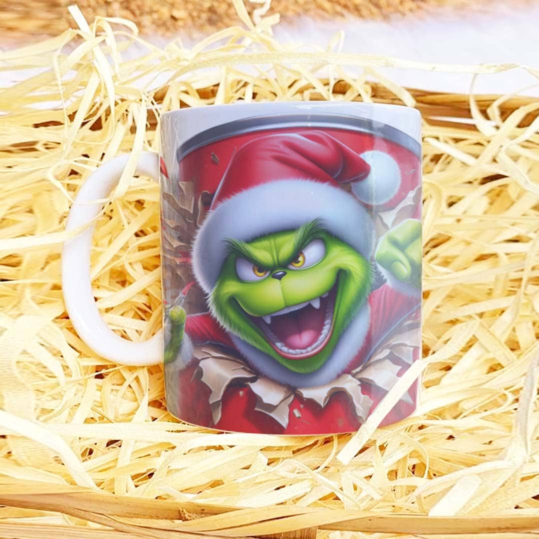 3D Funny Green Christmas Monster Mug Sublimation PNG Bundle | Cracked Wall Holiday Santa Mug Wrap 11oz 15oz Template