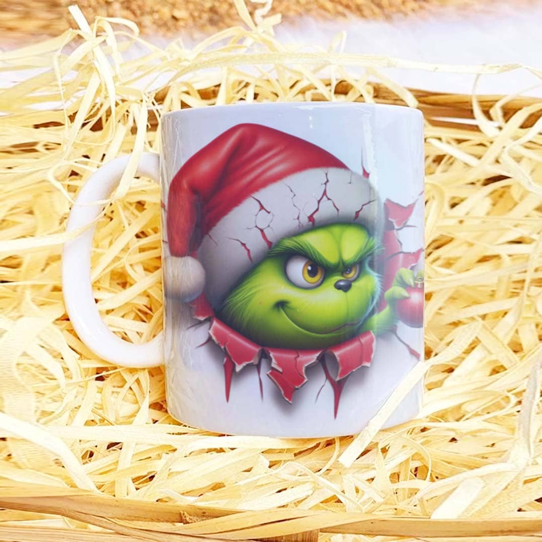 3D Funny Green Christmas Monster Mug Sublimation PNG Bundle | Cracked Wall Holiday Santa Mug Wrap 11oz 15oz Template