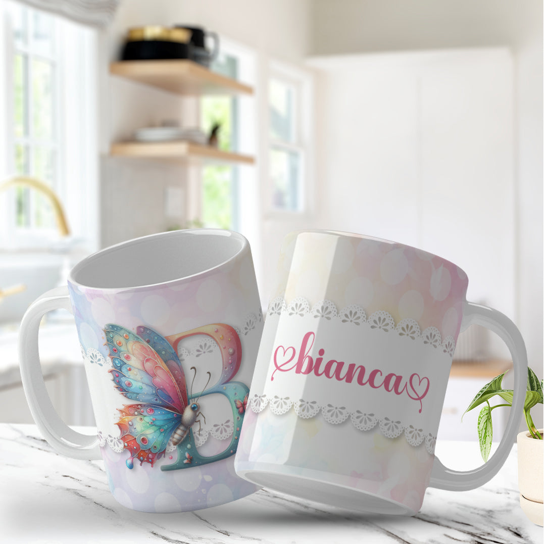 Personalized floral monogram mug with butterflies for sublimation, Caneca monograma personalizada com borboletas e flores para sublimação, Custom name and initial mug design with pastel butterflies and flowers, Caneca com nome e inicial personalizada com borboletas e flores delicadas, Butterfly and floral mug wrap for 11oz and 15oz sublimation mugs