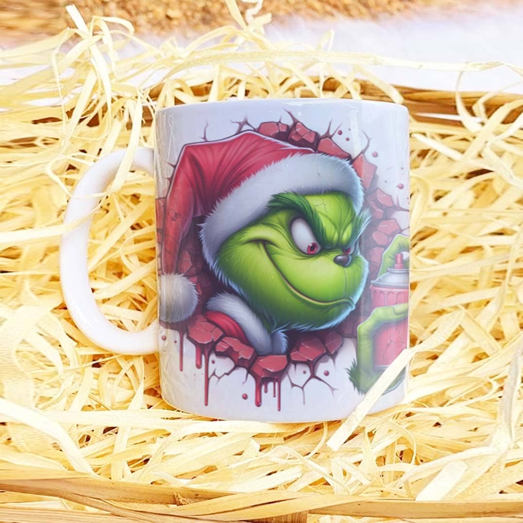 3D Funny Green Christmas Monster Mug Sublimation PNG Bundle | Cracked Wall Holiday Santa Mug Wrap 11oz 15oz Template