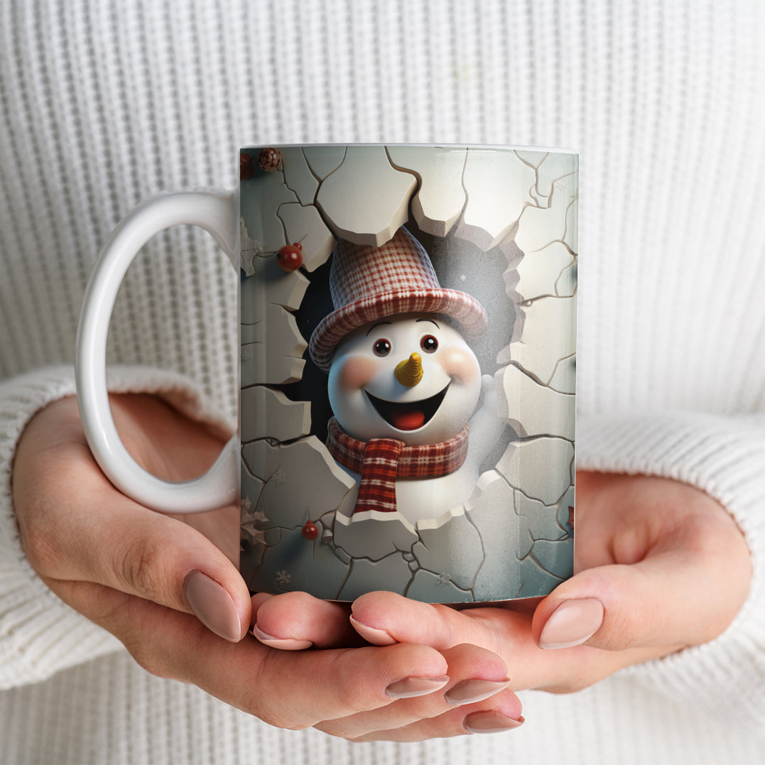 3D Snowman Mug Sublimation PNG Bundle | Cute Winter Snowman Breaking Through Wall Mug Wrap 11oz 15oz Template