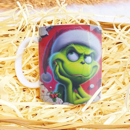 3D Funny Green Christmas Monster Mug Sublimation PNG Bundle | Cracked Wall Holiday Santa Mug Wrap 11oz 15oz Template
