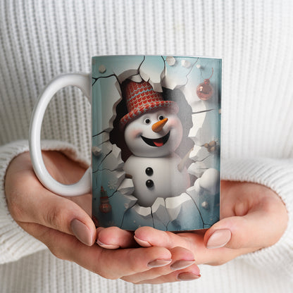 3D Snowman Mug Sublimation PNG Bundle | Cute Winter Snowman Breaking Through Wall Mug Wrap 11oz 15oz Template