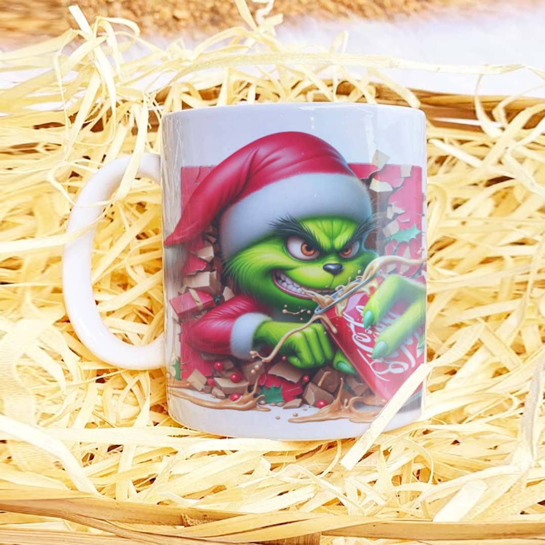 3D Funny Green Christmas Monster Mug Sublimation PNG Bundle | Cracked Wall Holiday Santa Mug Wrap 11oz 15oz Template