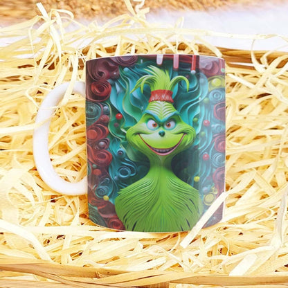 3D Funny Green Christmas Monster Mug Sublimation PNG Bundle | Cracked Wall Holiday Santa Mug Wrap 11oz 15oz Template