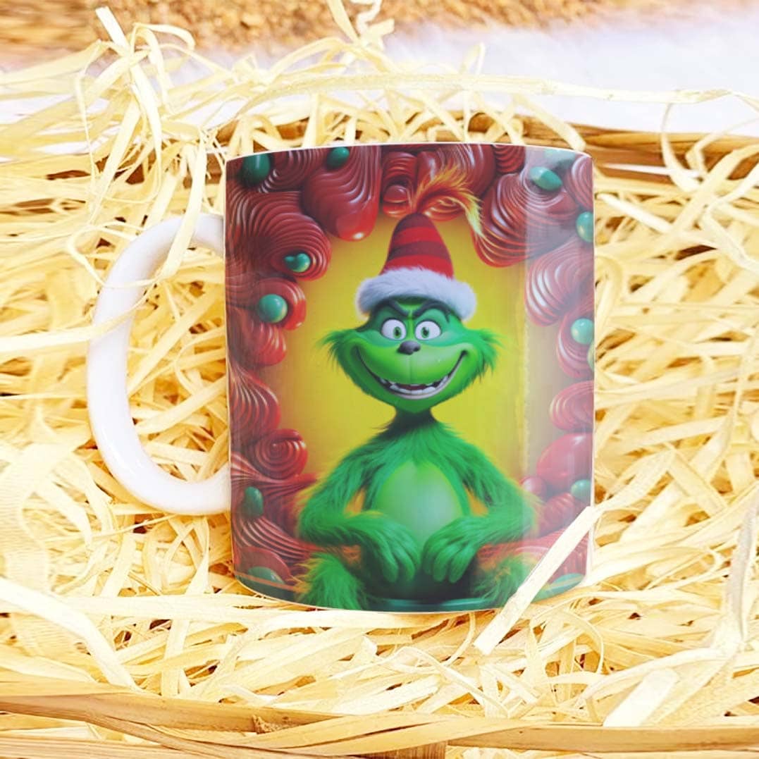 3D Funny Green Christmas Monster Mug Sublimation PNG Bundle | Cracked Wall Holiday Santa Mug Wrap 11oz 15oz Template