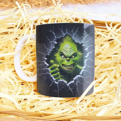 3D Funny Green Christmas Monster Mug Sublimation PNG Bundle | Cracked Wall Holiday Santa Mug Wrap 11oz 15oz Template