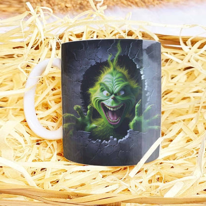 3D Funny Green Christmas Monster Mug Sublimation PNG Bundle | Cracked Wall Holiday Santa Mug Wrap 11oz 15oz Template