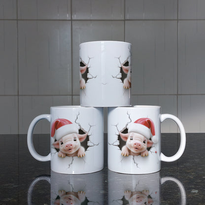3D Christmas Animal Mug Sublimation PNG Bundle | Bursting Cute Pets Santa Hat Mug Wrap