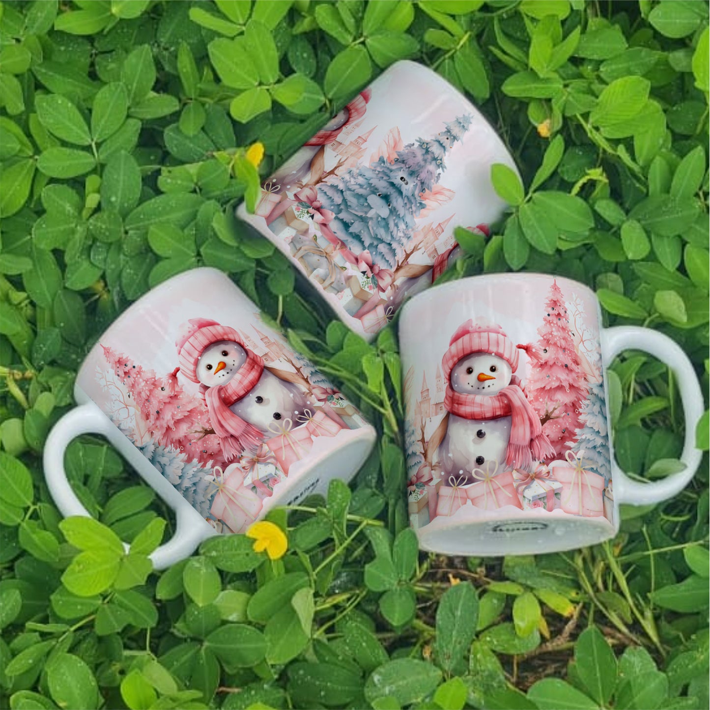 Cute Pink Christmas Snowman Mug Sublimation PNG Bundle | Pastel Winter Wonderland Coffee Cup Wrap
