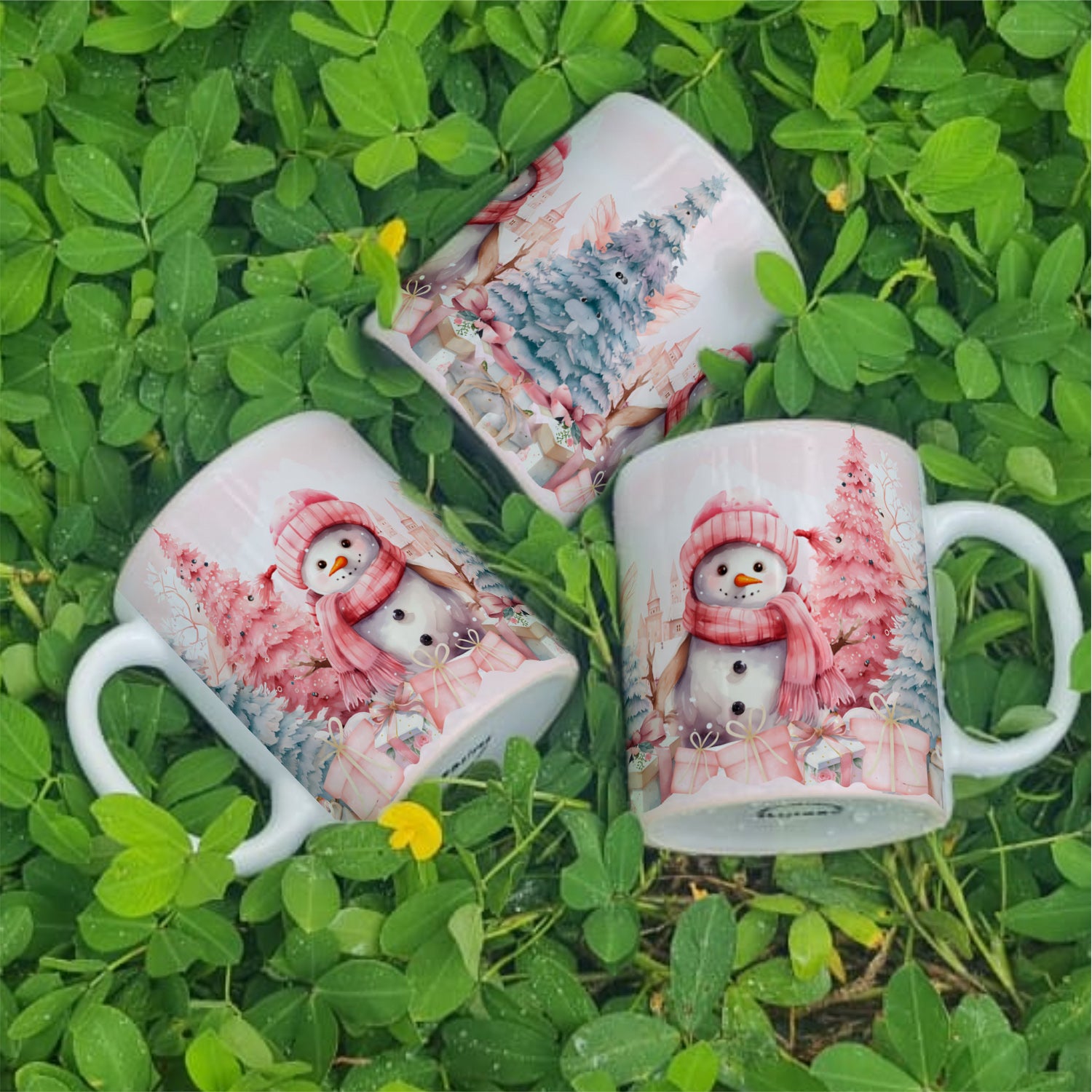 Cute Pink Christmas Snowman Mug Sublimation PNG Bundle | Pastel Winter Wonderland Coffee Cup Wrap