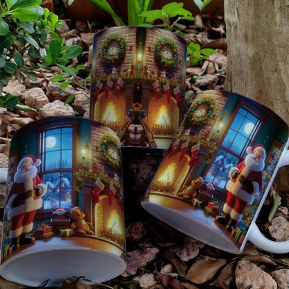 Christmas Mug Sublimation Design Bundle | Santa Cozy Fireplace Wrap PNG | Festive Coffee Cup Transfer