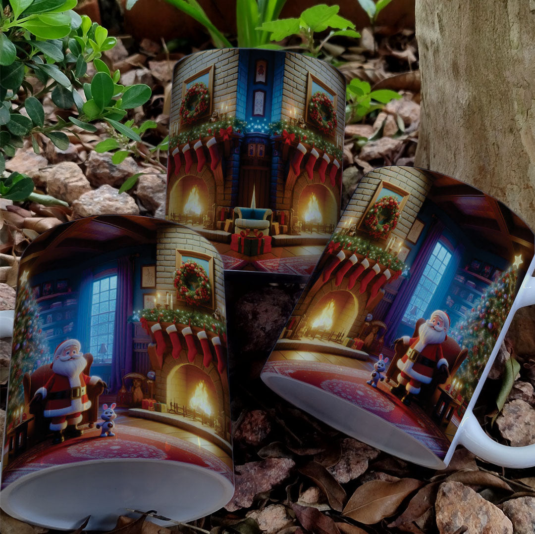 Christmas Mug Sublimation Design Bundle | Santa Cozy Fireplace Wrap PNG | Festive Coffee Cup Transfer