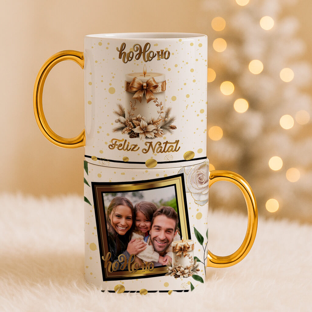 Custom Christmas Photo Mug Sublimation PNG Bundle | Elegant Gold Xmas Picture Frame Mug Wrap