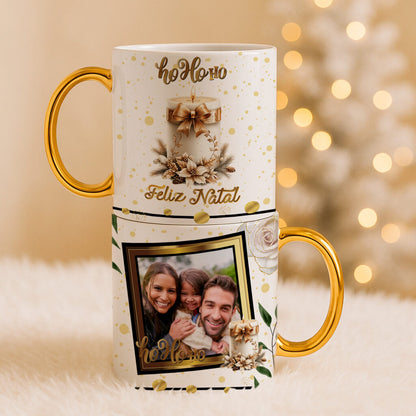 Custom Christmas Photo Mug Sublimation PNG Bundle | Elegant Gold Xmas Picture Frame Mug Wrap