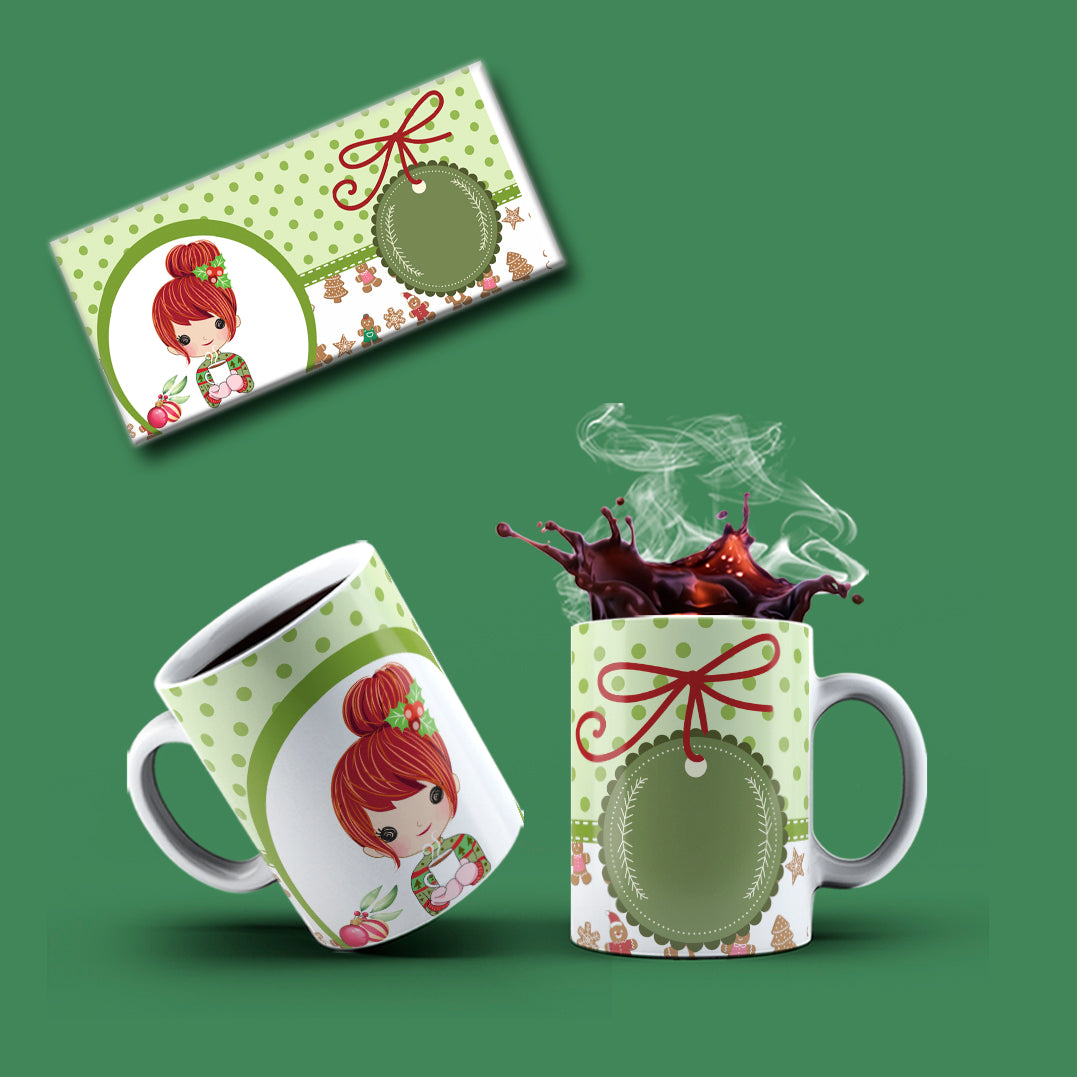 Cute Christmas Anime Girl Mug Sublimation PNG Bundle | Whimsical Holiday Polka Dot Mug Wrap Template