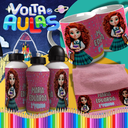 Back to School Sublimation Bundle | Cute Princess School Girl Mug Wrap PNG | Water Bottle & Hand Towel Template | Customizable Kids School Set PNG