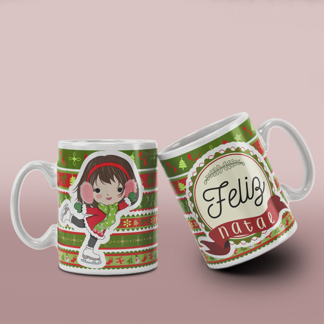 Cute Christmas Girl Mug Sublimation Wrap PNG Bundle | Christmas Knit Pattern Mug Template