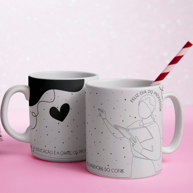 Portuguese Teacher Mug Sublimation Designs PNG | Black and White Line Art Professora Mug Wrap