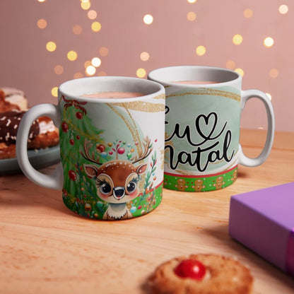 Cute Cartoon Reindeer Christmas Mug Sublimation Designs PNG Bundle | Portuguese Holiday Quote Coffee Cup Layout