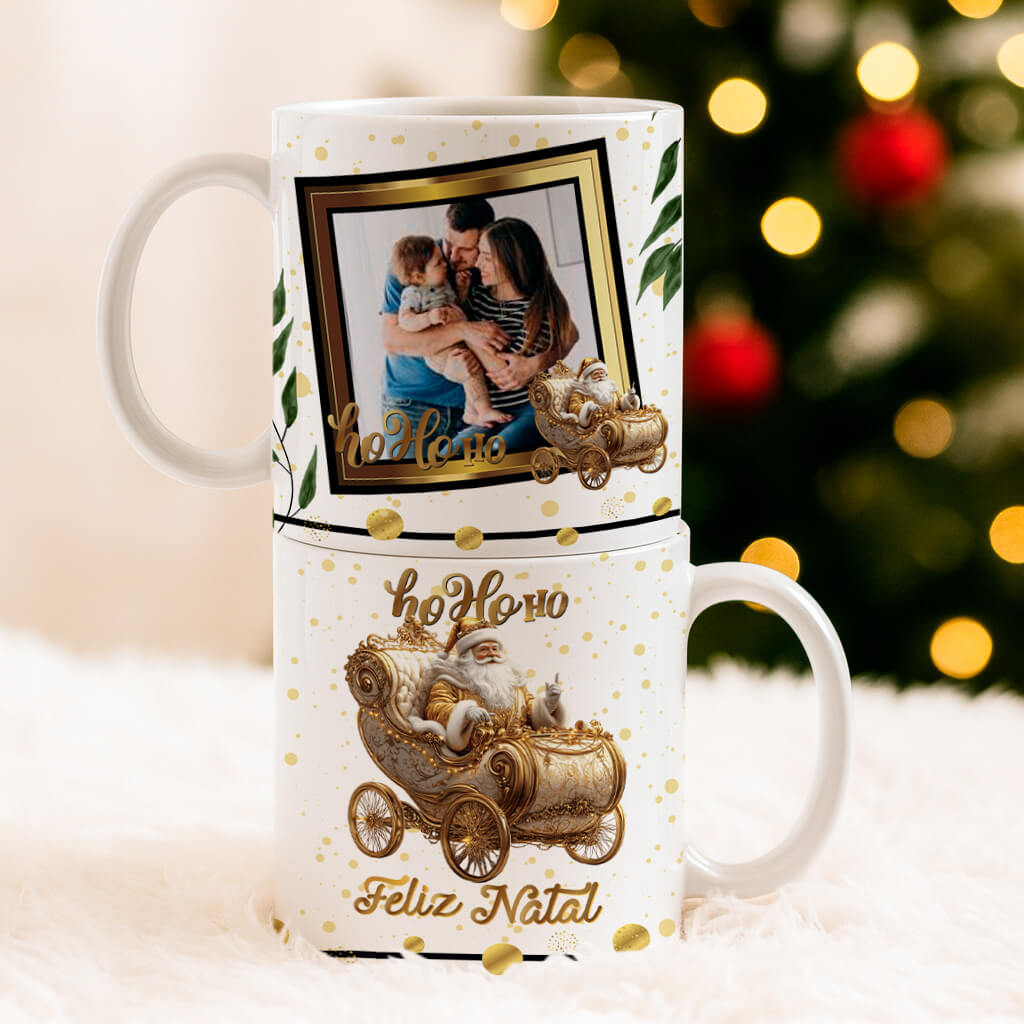 Custom Christmas Photo Mug Sublimation PNG Bundle | Elegant Gold Xmas Picture Frame Mug Wrap