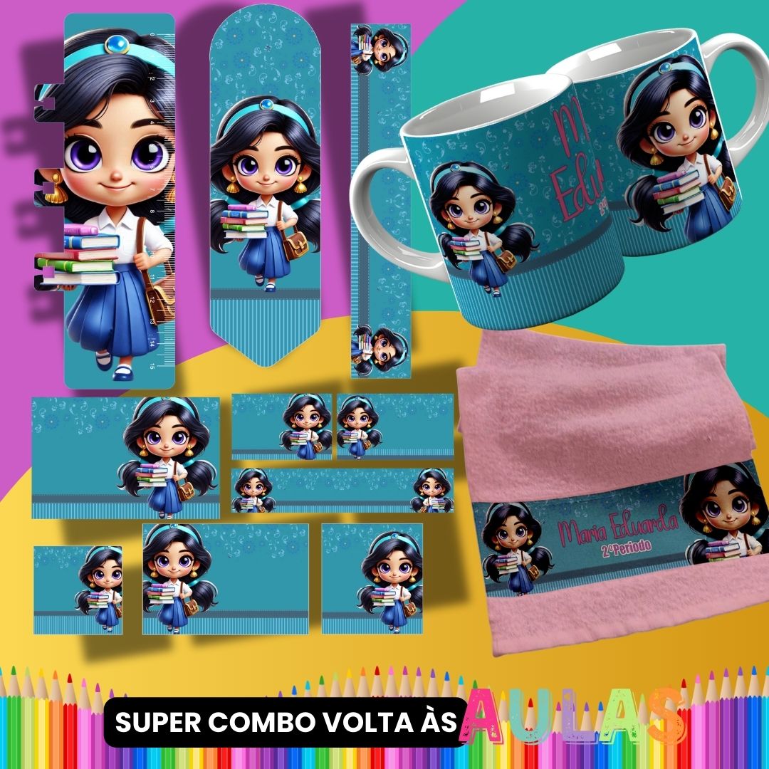 Back to School Sublimation Bundle PNG | Cute Princess School Set PNG | Mug Wrap, Hand Towel Template, Ruler, Bookmark, Pencil Wrap | School Labels PNG