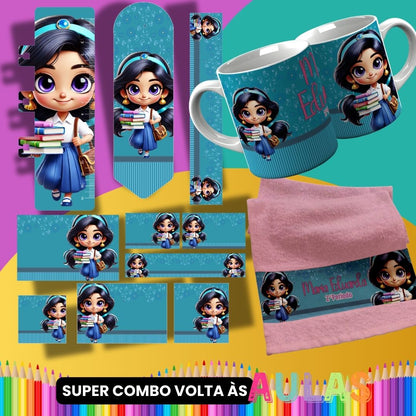 Back to School Sublimation Bundle PNG | Cute Princess School Set PNG | Mug Wrap, Hand Towel Template, Ruler, Bookmark, Pencil Wrap | School Labels PNG