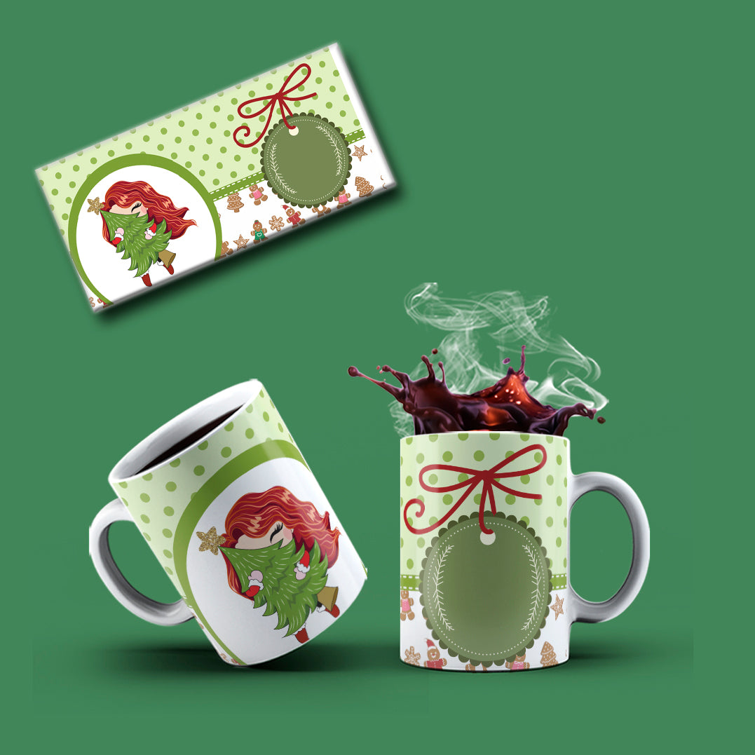Cute Christmas Anime Girl Mug Sublimation PNG Bundle | Whimsical Holiday Polka Dot Mug Wrap Template
