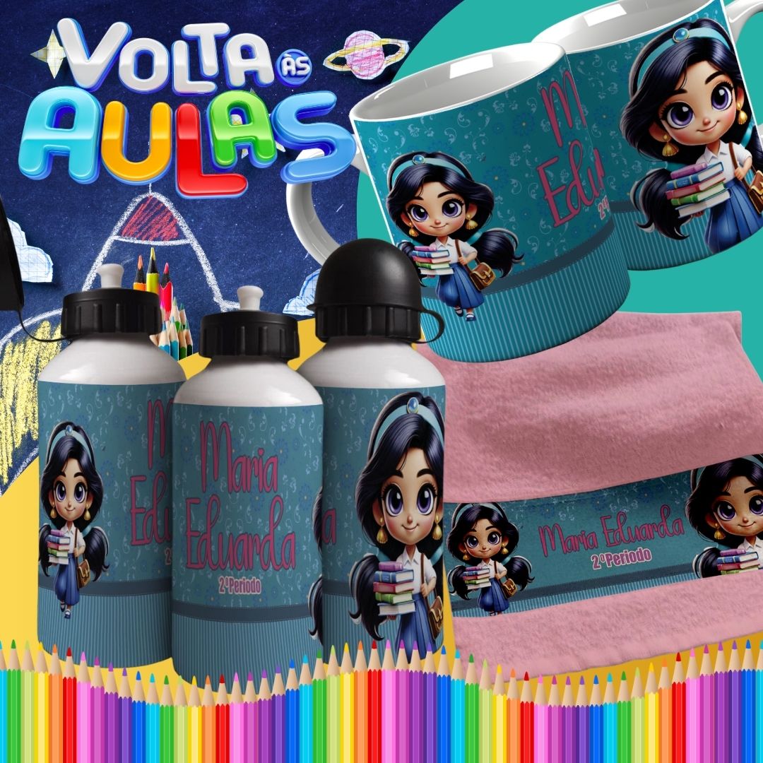 Back to School Sublimation Bundle | Cute Princess School Girl Mug Wrap PNG | Water Bottle & Hand Towel Template | Customizable Kids School Set PNG