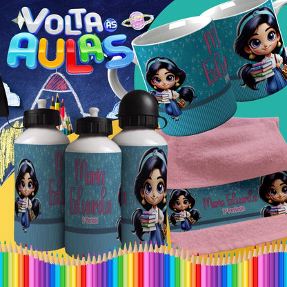 Back to School Sublimation Bundle | Cute Princess School Girl Mug Wrap PNG | Water Bottle & Hand Towel Template | Customizable Kids School Set PNG