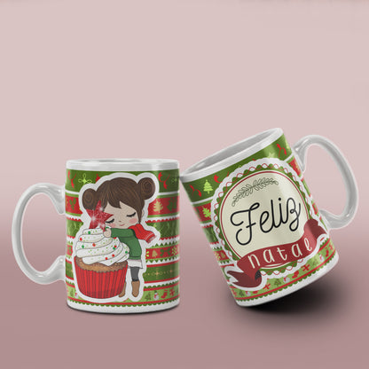 Cute Christmas Girl Mug Sublimation Wrap PNG Bundle | Christmas Knit Pattern Mug Template