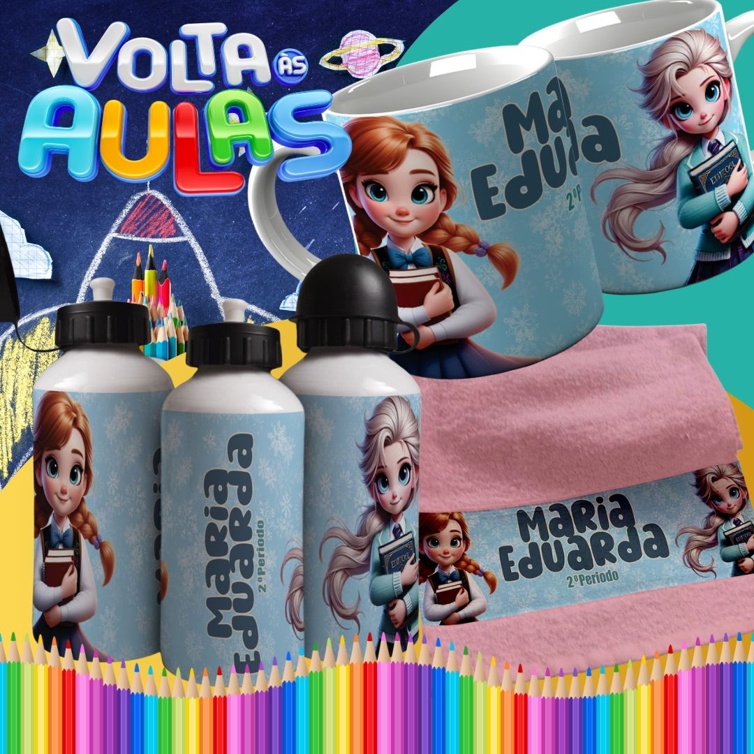 Back to School Sublimation Bundle | Cute Princess School Girl Mug Wrap PNG | Water Bottle & Hand Towel Template | Customizable Kids School Set PNG