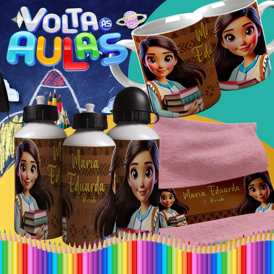Back to School Sublimation Bundle | Cute Princess School Girl Mug Wrap PNG | Water Bottle & Hand Towel Template | Customizable Kids School Set PNG