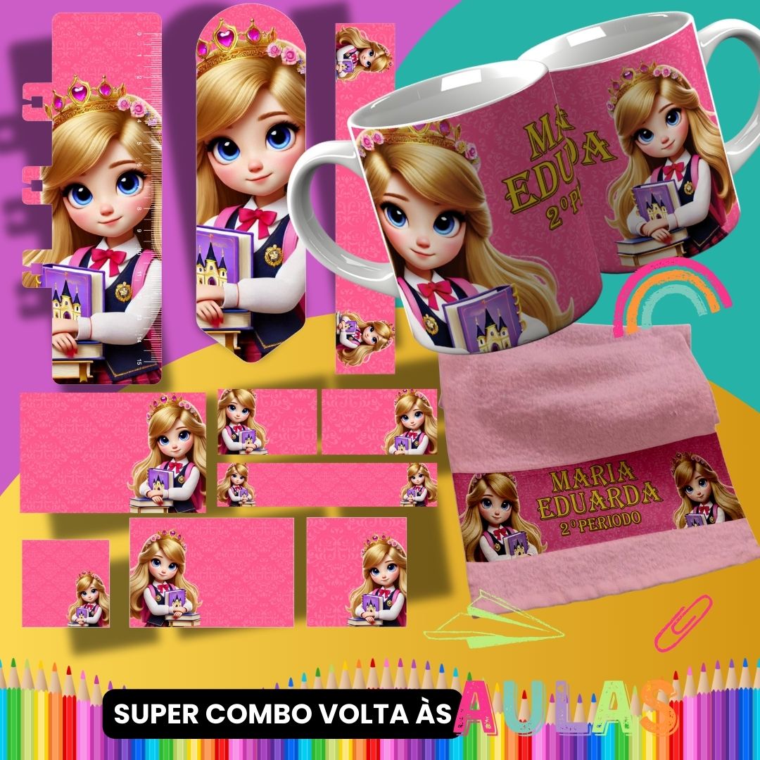 Back to School Sublimation Bundle PNG | Cute Princess School Set PNG | Mug Wrap, Hand Towel Template, Ruler, Bookmark, Pencil Wrap | School Labels PNG