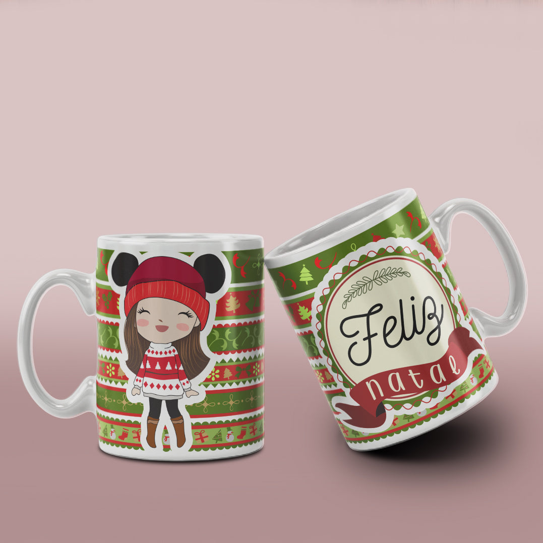 Cute Christmas Girl Mug Sublimation Wrap PNG Bundle | Christmas Knit Pattern Mug Template