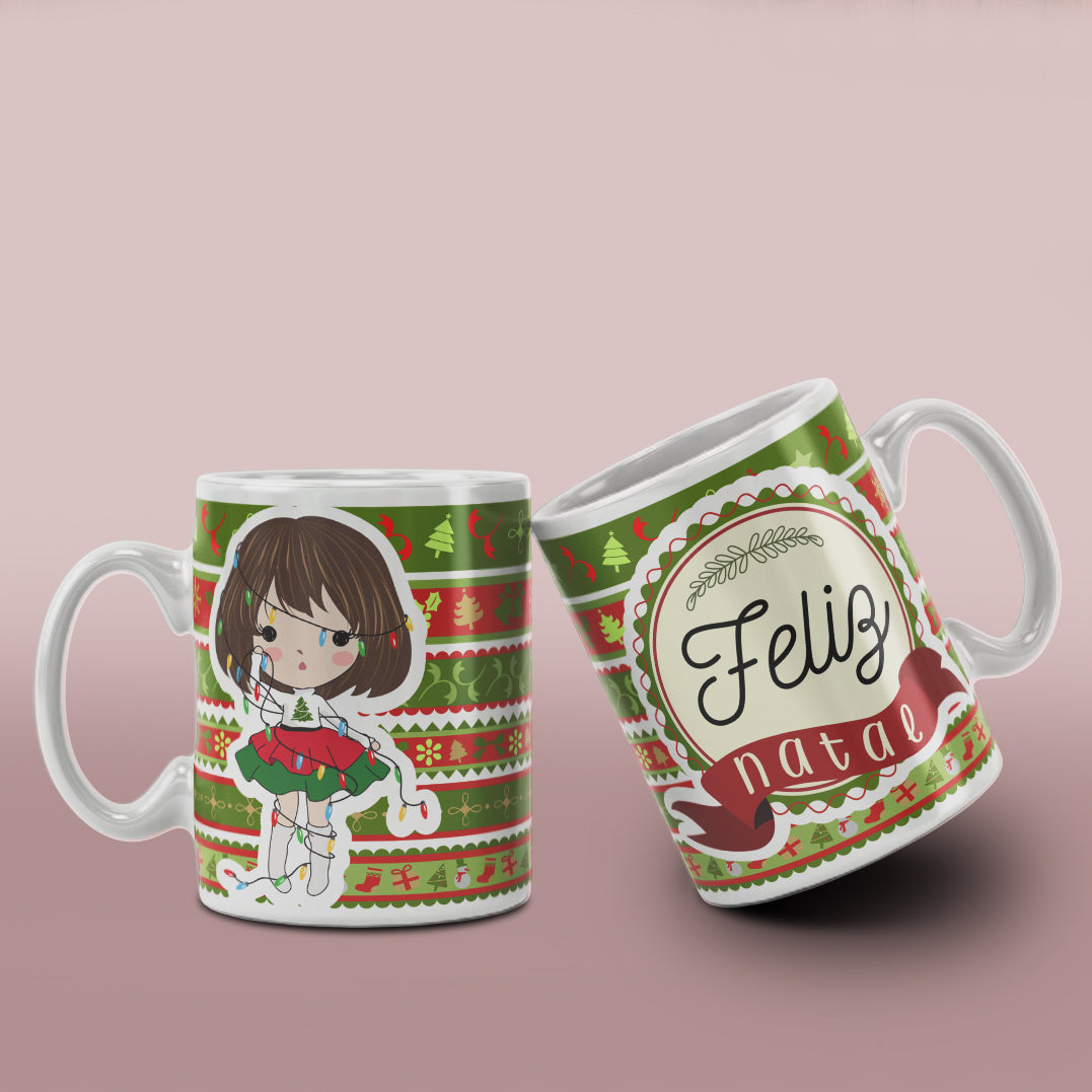 Cute Christmas Girl Mug Sublimation Wrap PNG Bundle | Christmas Knit Pattern Mug Template