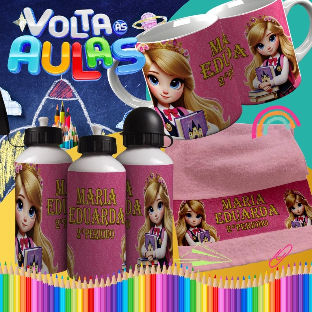 Back to School Sublimation Bundle | Cute Princess School Girl Mug Wrap PNG | Water Bottle & Hand Towel Template | Customizable Kids School Set PNG