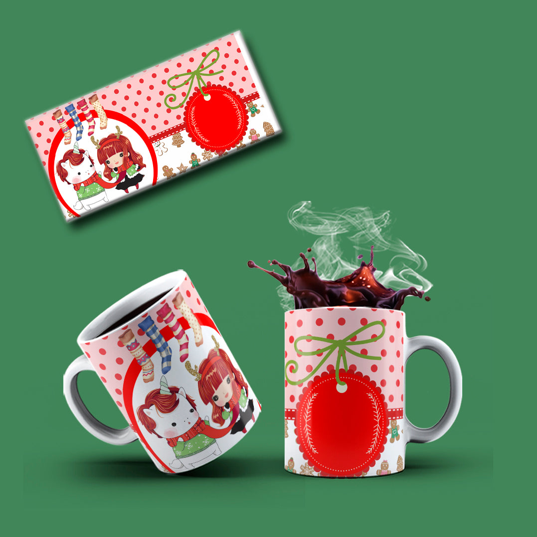 Cute Christmas Anime Girl Mug Sublimation PNG Bundle | Whimsical Holiday Polka Dot Mug Wrap Template