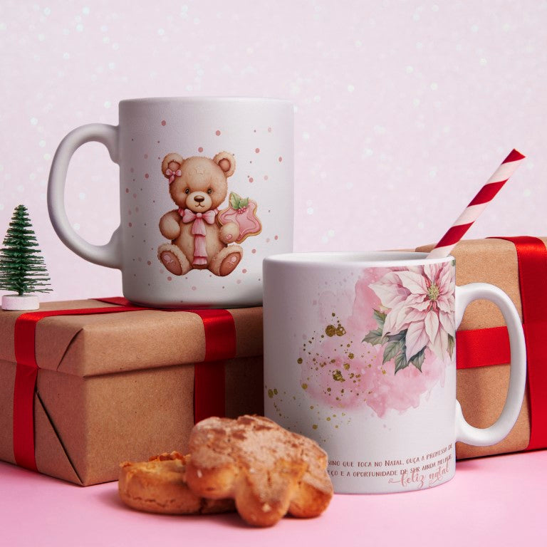 Pink Watercolor Natal Floral Mug Sublimation Designs | Pastel Cute Santa Reindeer Gingerbread Coffee Cup Layout