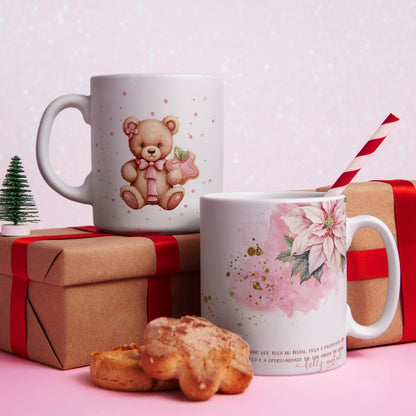 Pink Watercolor Natal Floral Mug Sublimation Designs | Pastel Cute Santa Reindeer Gingerbread Coffee Cup Layout