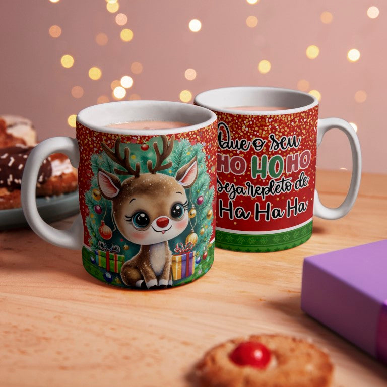 Cute Cartoon Reindeer Christmas Mug Sublimation Designs PNG Bundle | Portuguese Holiday Quote Coffee Cup Layout