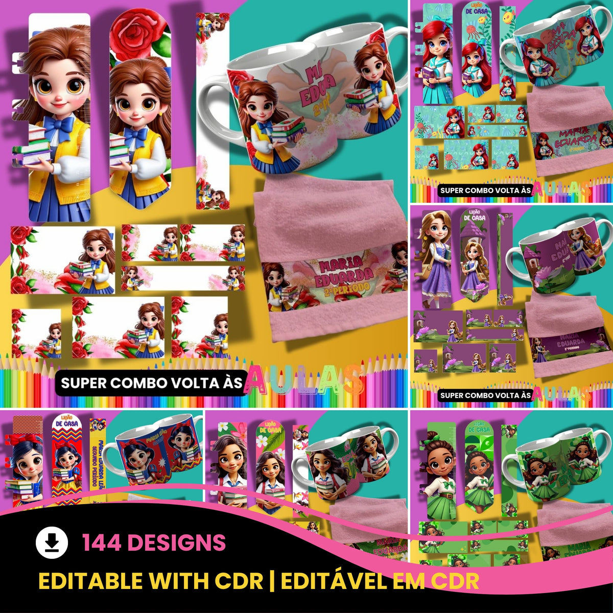 Back to School Sublimation Bundle PNG | Cute Princess School Set PNG | Mug Wrap, Hand Towel Template, Ruler, Bookmark, Pencil Wrap | School Labels PNG