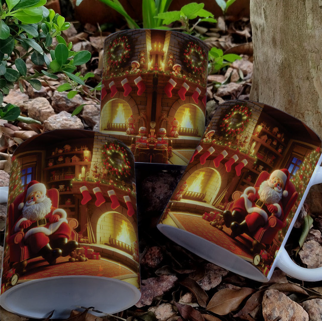 Christmas Mug Sublimation Design Bundle | Santa Cozy Fireplace Wrap PNG | Festive Coffee Cup Transfer