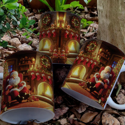Christmas Mug Sublimation Design Bundle | Santa Cozy Fireplace Wrap PNG | Festive Coffee Cup Transfer