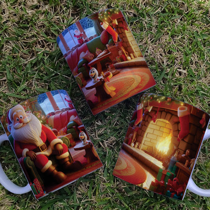 Christmas Mug Sublimation Design Bundle | Santa Cozy Fireplace Wrap PNG | Festive Coffee Cup Transfer
