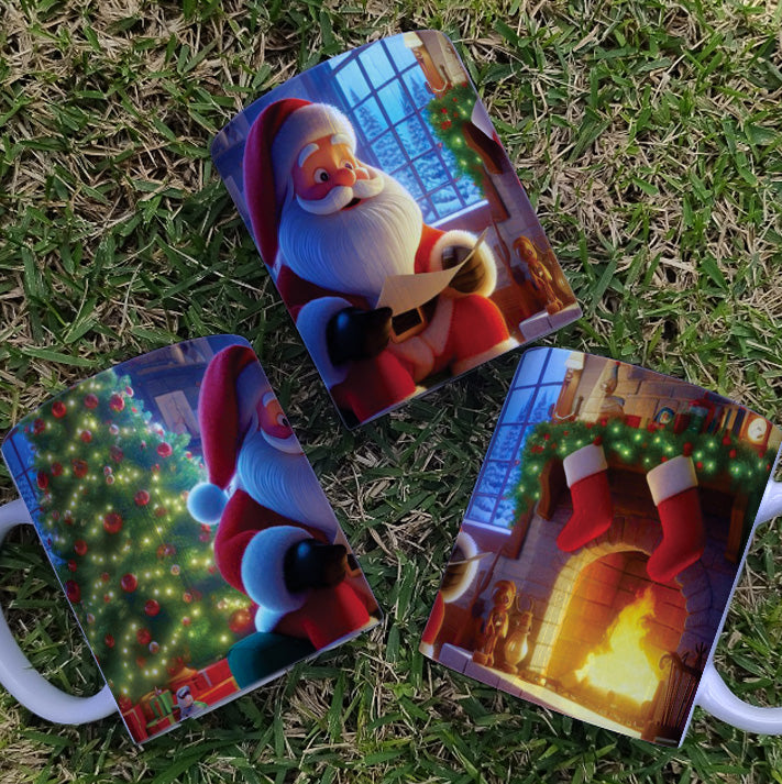 Christmas Mug Sublimation Design Bundle | Santa Cozy Fireplace Wrap PNG | Festive Coffee Cup Transfer