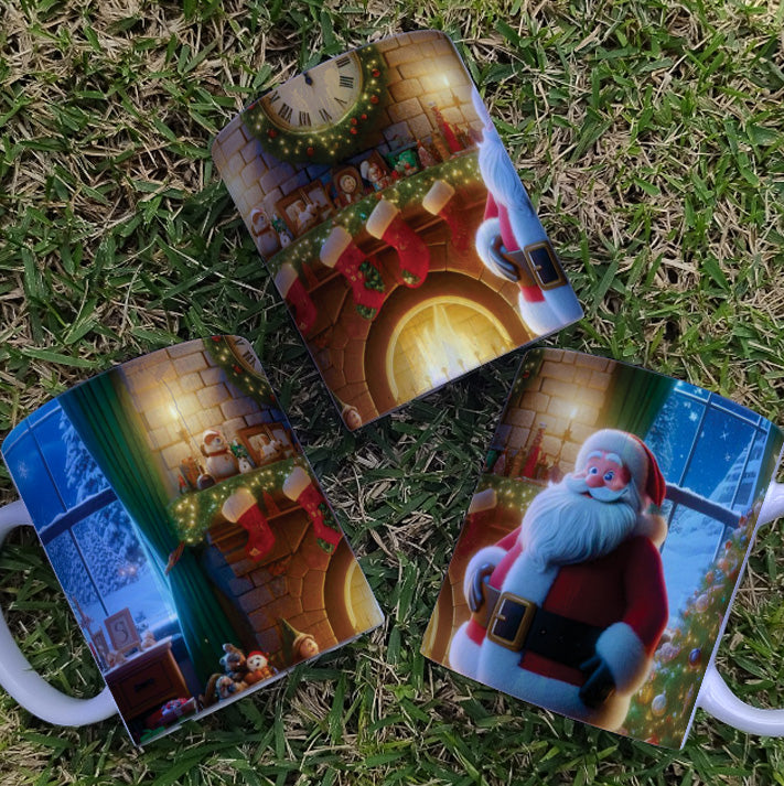 Christmas Mug Sublimation Design Bundle | Santa Cozy Fireplace Wrap PNG | Festive Coffee Cup Transfer