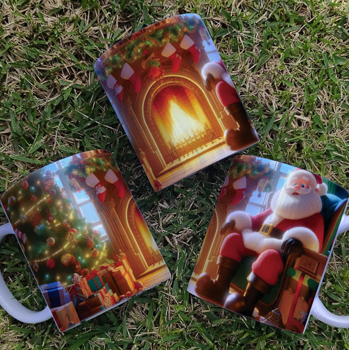 Christmas Mug Sublimation Design Bundle | Santa Cozy Fireplace Wrap PNG | Festive Coffee Cup Transfer