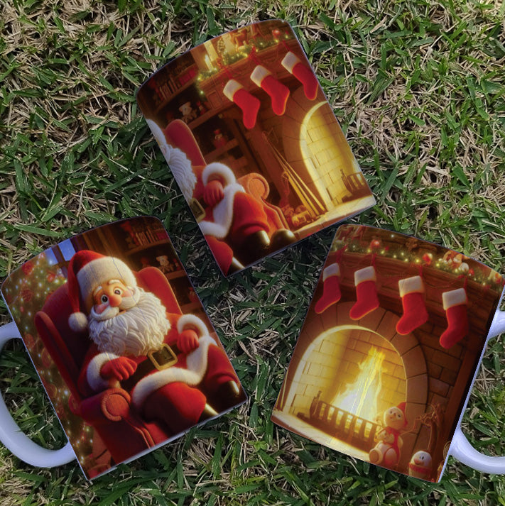 Christmas Mug Sublimation Design Bundle | Santa Cozy Fireplace Wrap PNG | Festive Coffee Cup Transfer