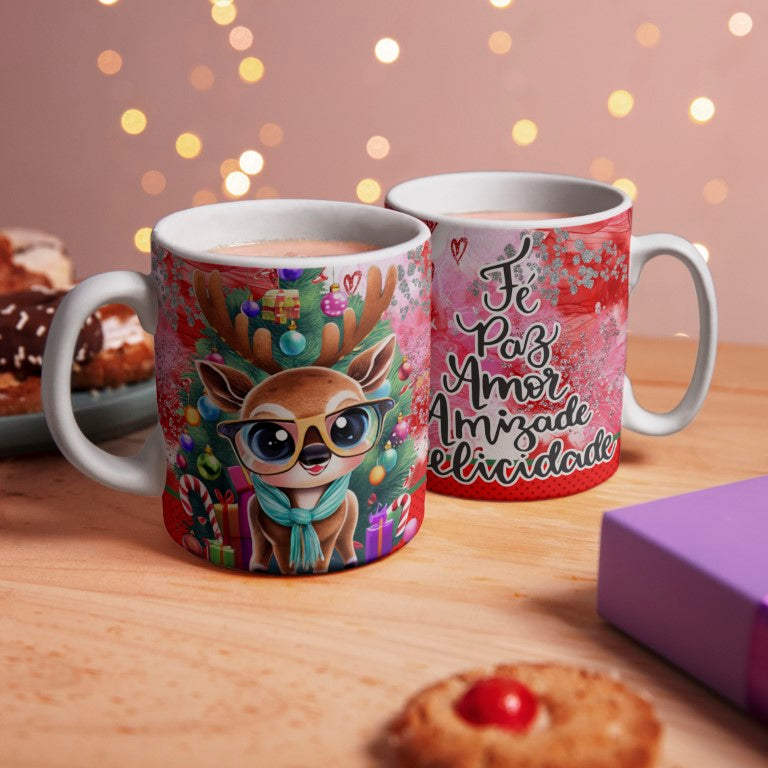Cute Cartoon Reindeer Christmas Mug Sublimation Designs PNG Bundle | Portuguese Holiday Quote Coffee Cup Layout